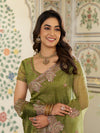 Olive Green Fendy Satin Embroidered Saree with Paisley Motifs & Zari Border | Designer Festive Saree with Tassels & Heavy Embroidered Blouse