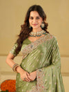 Pista Green Banarasi Silk Saree with Heavy Embroidered Border & Rich Zari Woven Pallu | Designer Festive Wedding Saree