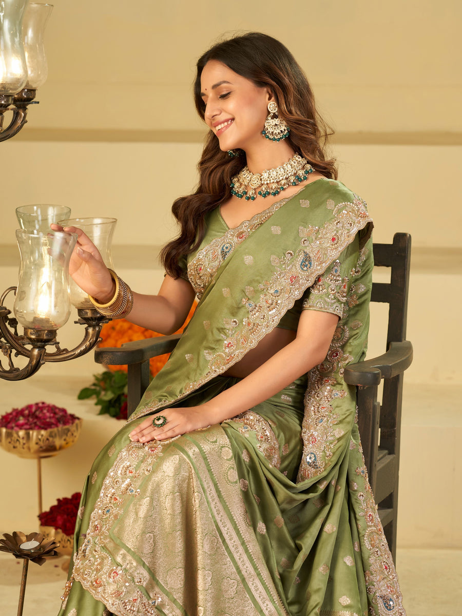Pista Green Banarasi Silk Saree with Heavy Embroidered Border & Rich Zari Woven Pallu | Designer Festive Wedding Saree