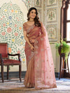 Dusty Rose Pink Fendy Satin Embroidered Saree with Paisley Motifs & Zari Border | Designer Festive Saree with Tassels & Heavy Embroidered Blouse