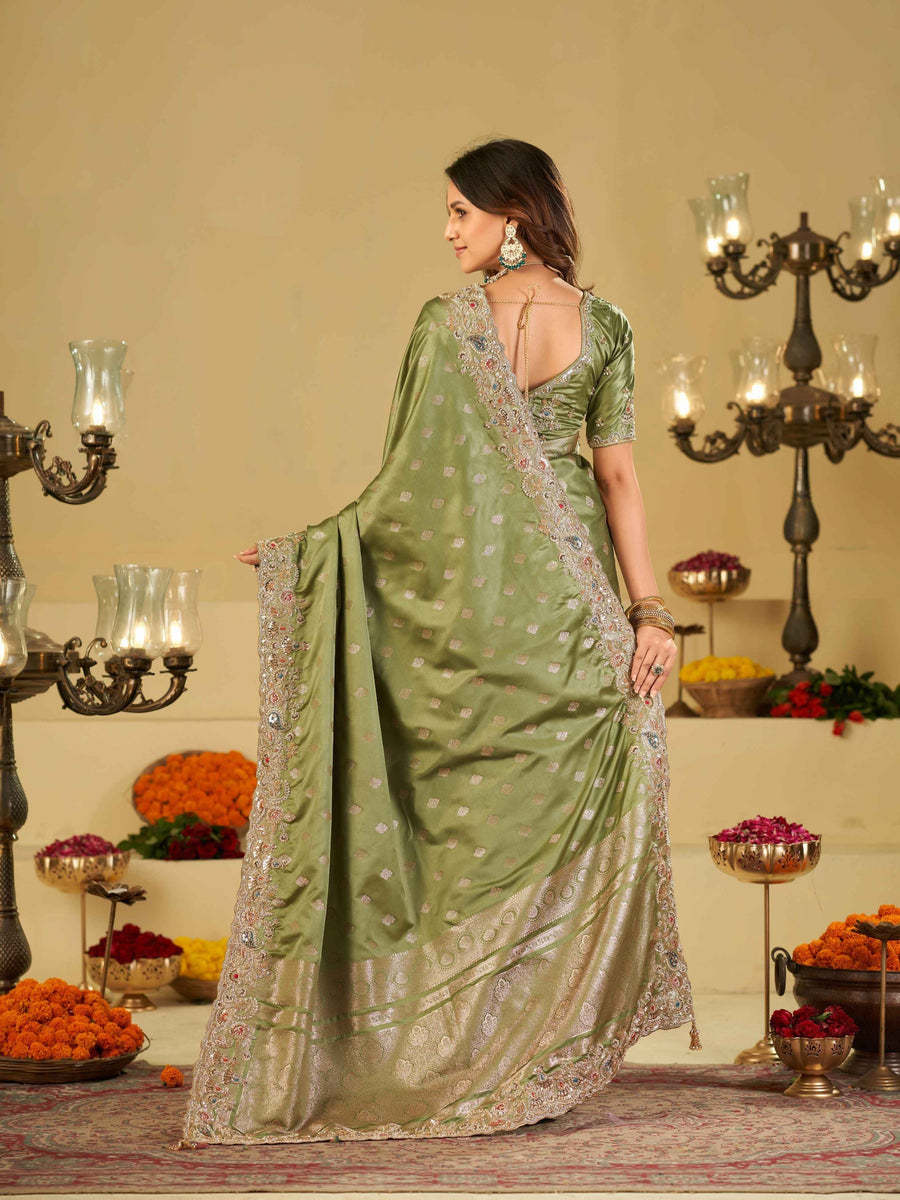 Pista Green Banarasi Silk Saree with Heavy Embroidered Border & Rich Zari Woven Pallu | Designer Festive Wedding Saree