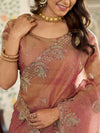 Dusty Rose Pink Fendy Satin Embroidered Saree with Paisley Motifs & Zari Border | Designer Festive Saree with Tassels & Heavy Embroidered Blouse