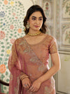 Dusty Rose Pink Fendy Satin Embroidered Saree with Paisley Motifs & Zari Border | Designer Festive Saree with Tassels & Heavy Embroidered Blouse