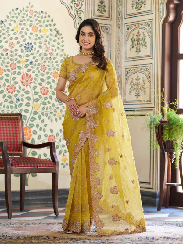 Mustard Yellow Fendy Satin Embroidered Saree with Paisley Motifs & Zari Border | Festive Designer Saree with Tassels & Heavy Embroidered Blouse