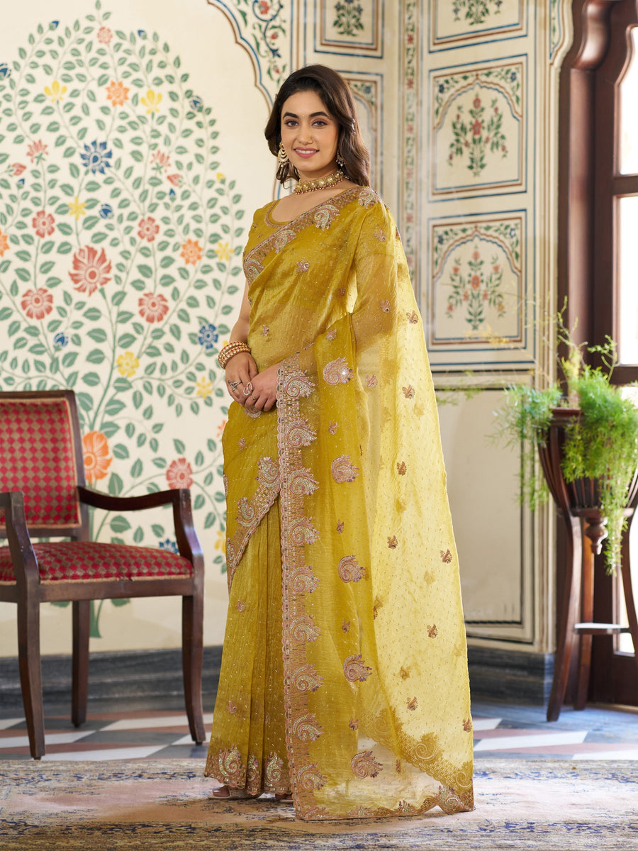 Mustard Yellow Fendy Satin Embroidered Saree with Paisley Motifs & Zari Border | Festive Designer Saree with Tassels & Heavy Embroidered Blouse