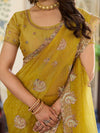 Mustard Yellow Fendy Satin Embroidered Saree with Paisley Motifs & Zari Border | Festive Designer Saree with Tassels & Heavy Embroidered Blouse