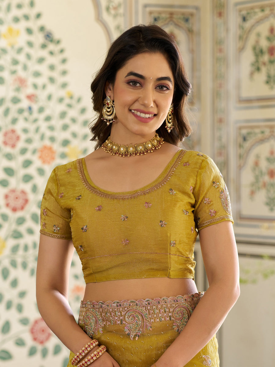 Mustard Yellow Fendy Satin Embroidered Saree with Paisley Motifs & Zari Border | Festive Designer Saree with Tassels & Heavy Embroidered Blouse