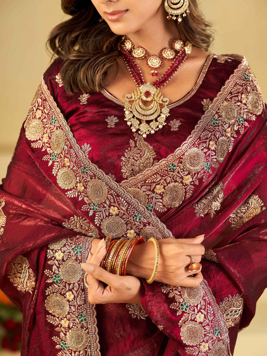Wine Designer Fendy Satin Saree with Heavy Zari Embroidery Work | Premium Party Wear Wedding Saree with Embroidered Border & Blouse