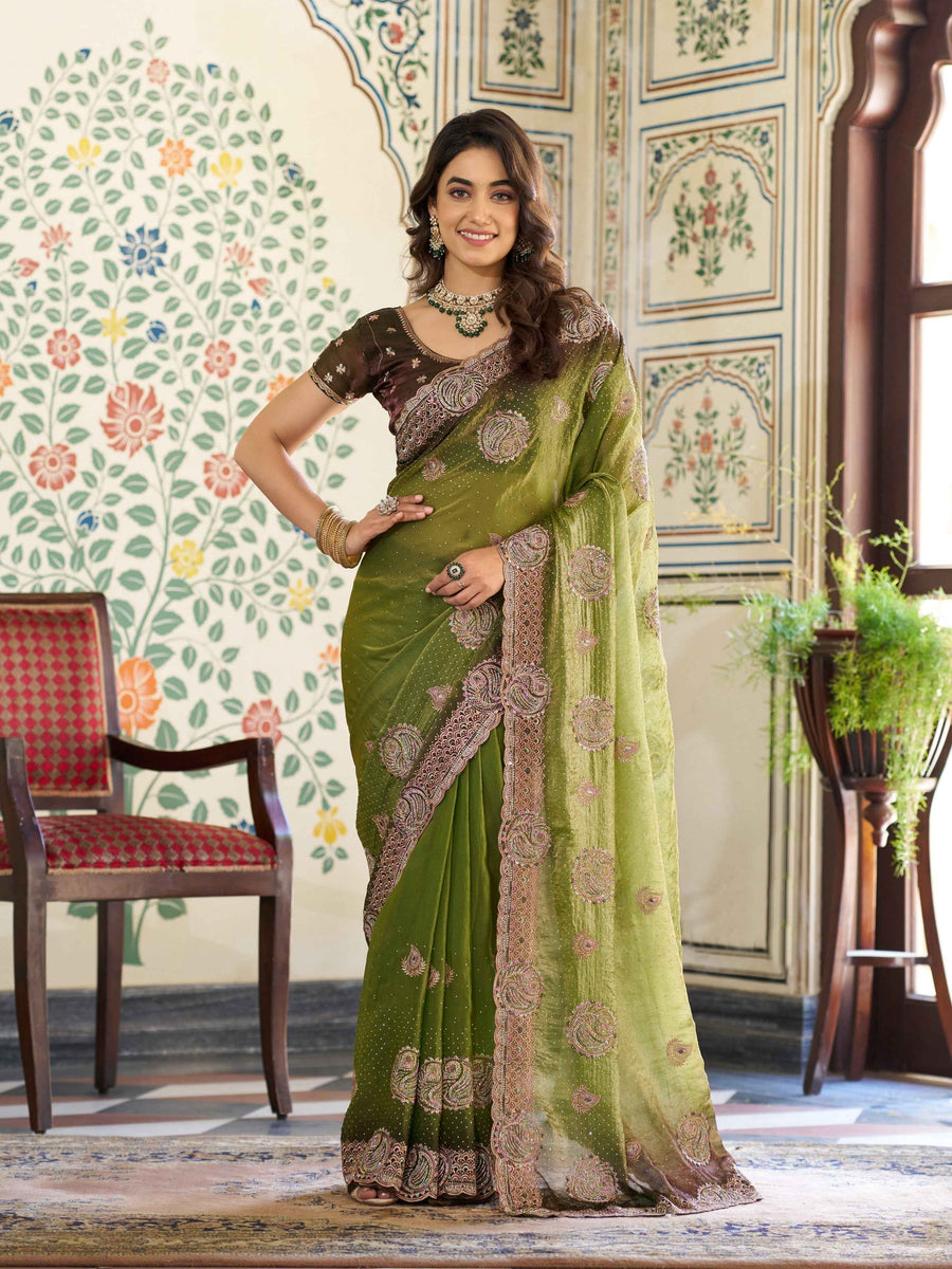 Olive Green Fendy Satin Designer Embroidered Saree with Floral & Paisley Motifs | Premium Festive Saree with Zari Border, Tassels & Heavy Embroidered Blouse