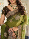 Olive Green Fendy Satin Designer Embroidered Saree with Floral & Paisley Motifs | Premium Festive Saree with Zari Border, Tassels & Heavy Embroidered Blouse