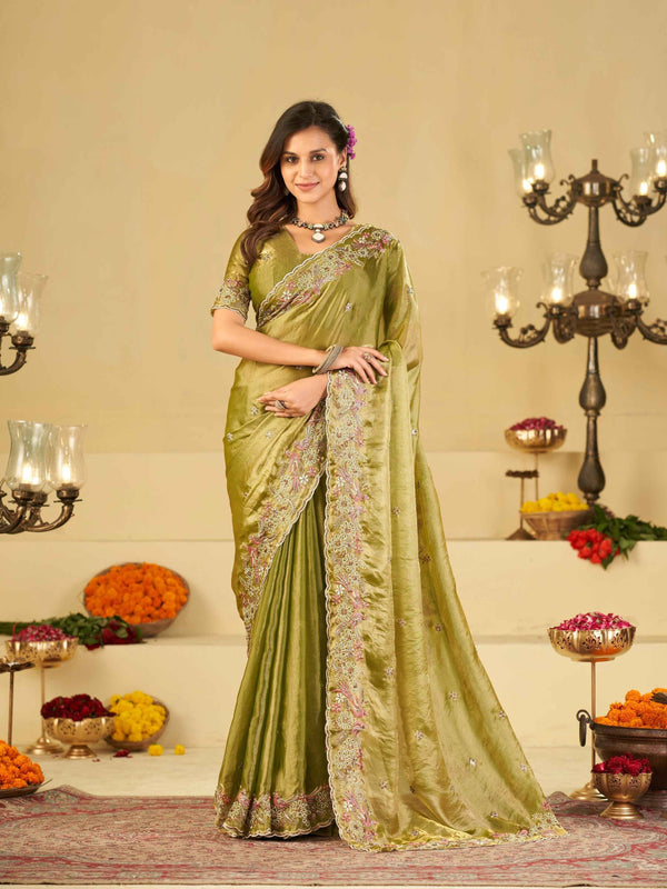 Olive Green Fendy Satin Saree with Floral Embroidery Border | Designer Embroidered Party Wear Saree with Blouse