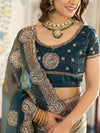 Teal Green Fendy Satin Designer Embroidered Saree with Paisley Motifs & Zari Border | Premium Festive Saree with Tassels & Heavy Embroidered Blouse