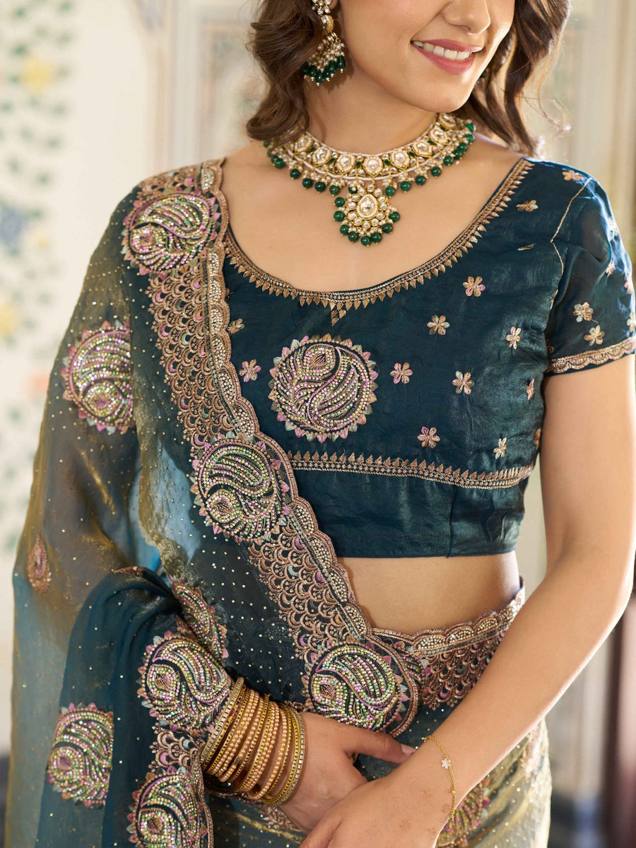 Teal Green Fendy Satin Designer Embroidered Saree with Paisley Motifs & Zari Border | Premium Festive Saree with Tassels & Heavy Embroidered Blouse