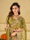 Olive Green Fendy Satin Saree with Floral Embroidery Border | Designer Embroidered Party Wear Saree with Blouse
