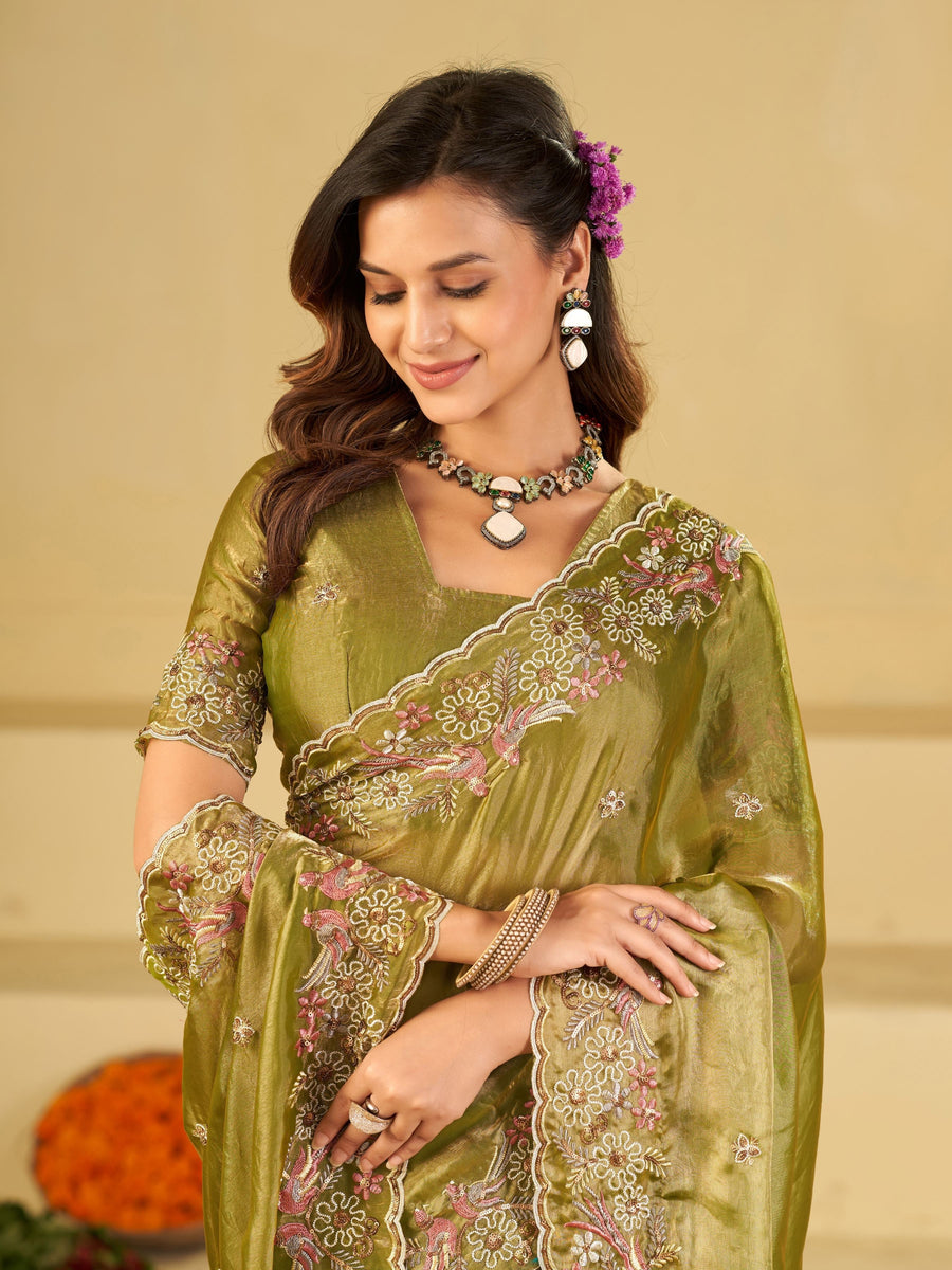 Olive Green Fendy Satin Saree with Floral Embroidery Border | Designer Embroidered Party Wear Saree with Blouse