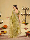 Olive Green Fendy Satin Saree with Floral Embroidery Border | Designer Embroidered Party Wear Saree with Blouse