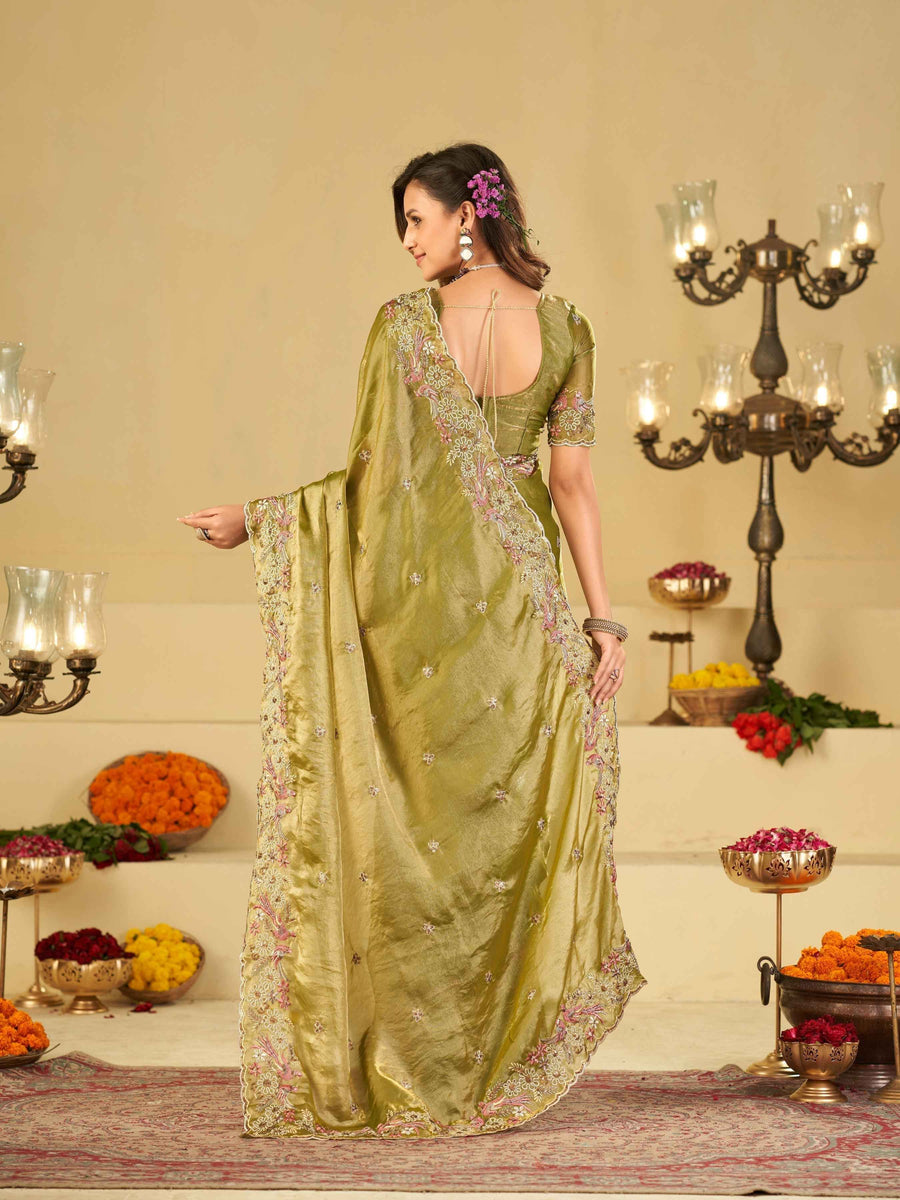Olive Green Fendy Satin Saree with Floral Embroidery Border | Designer Embroidered Party Wear Saree with Blouse
