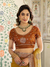 Dual Tone Mustard Yellow & Rust Fendy Satin Embroidered Saree with Paisley Motifs & Zari Border | Designer Festive Saree with Tassels & Heavy Embroidered Blouse