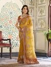 Dual Tone Mustard Yellow & Rust Fendy Satin Embroidered Saree with Paisley Motifs & Zari Border | Designer Festive Saree with Tassels & Heavy Embroidered Blouse