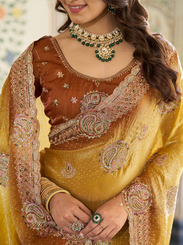 Dual Tone Mustard Yellow & Rust Fendy Satin Embroidered Saree with Paisley Motifs & Zari Border | Designer Festive Saree with Tassels & Heavy Embroidered Blouse