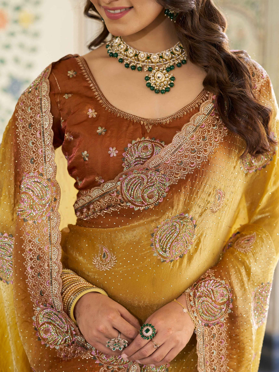 Dual Tone Mustard Yellow & Rust Fendy Satin Embroidered Saree with Paisley Motifs & Zari Border | Designer Festive Saree with Tassels & Heavy Embroidered Blouse