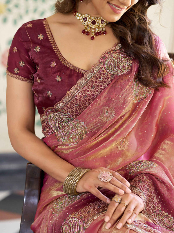 Dual Tone Wine Pink Fendy Satin Embroidered Saree with Paisley Motifs & Rich Zari Border | Designer Festive Saree with Tassels & Heavy Embroidered Blouse