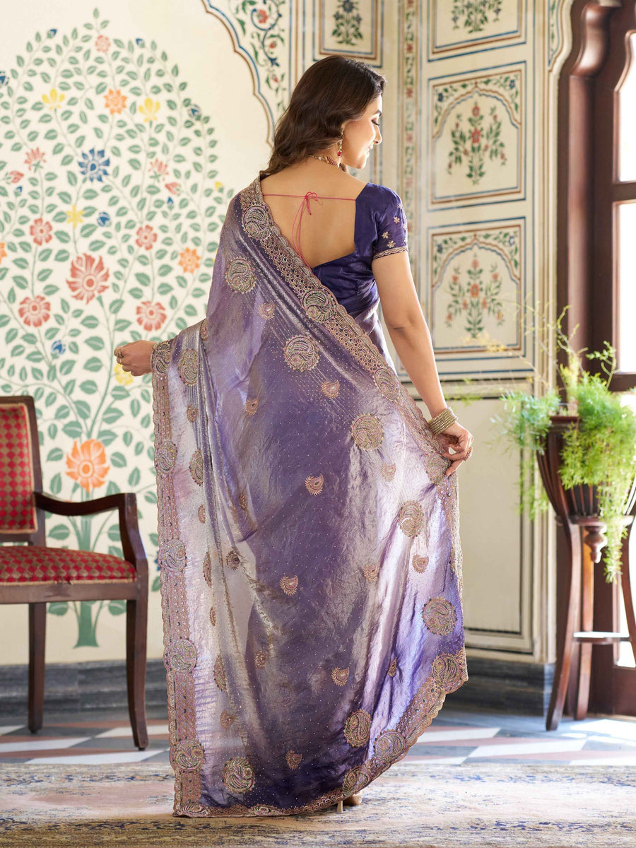 Royal Lavender Purple Fendy Satin Embroidered Saree with Paisley Motifs & Zari Border | Designer Festive Saree with Tassels & Heavy Embroidered Blouse