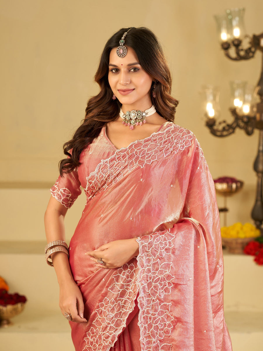 Blush Pink Fendy Satin Saree with White Floral Embroidery Border | Designer Party Wear Saree with Blouse