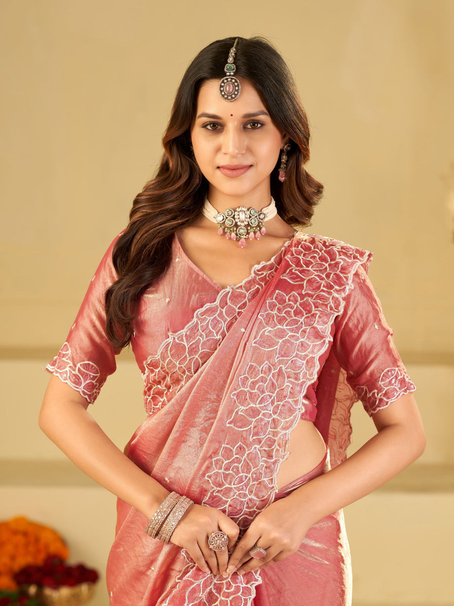 Blush Pink Fendy Satin Saree with White Floral Embroidery Border | Designer Party Wear Saree with Blouse