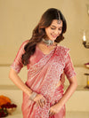Blush Pink Fendy Satin Saree with White Floral Embroidery Border | Designer Party Wear Saree with Blouse