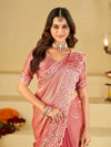 Blush Pink Fendy Satin Saree with White Floral Embroidery Border | Designer Party Wear Saree with Blouse