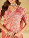 Blush Pink Fendy Satin Saree with White Floral Embroidery Border | Designer Party Wear Saree with Blouse