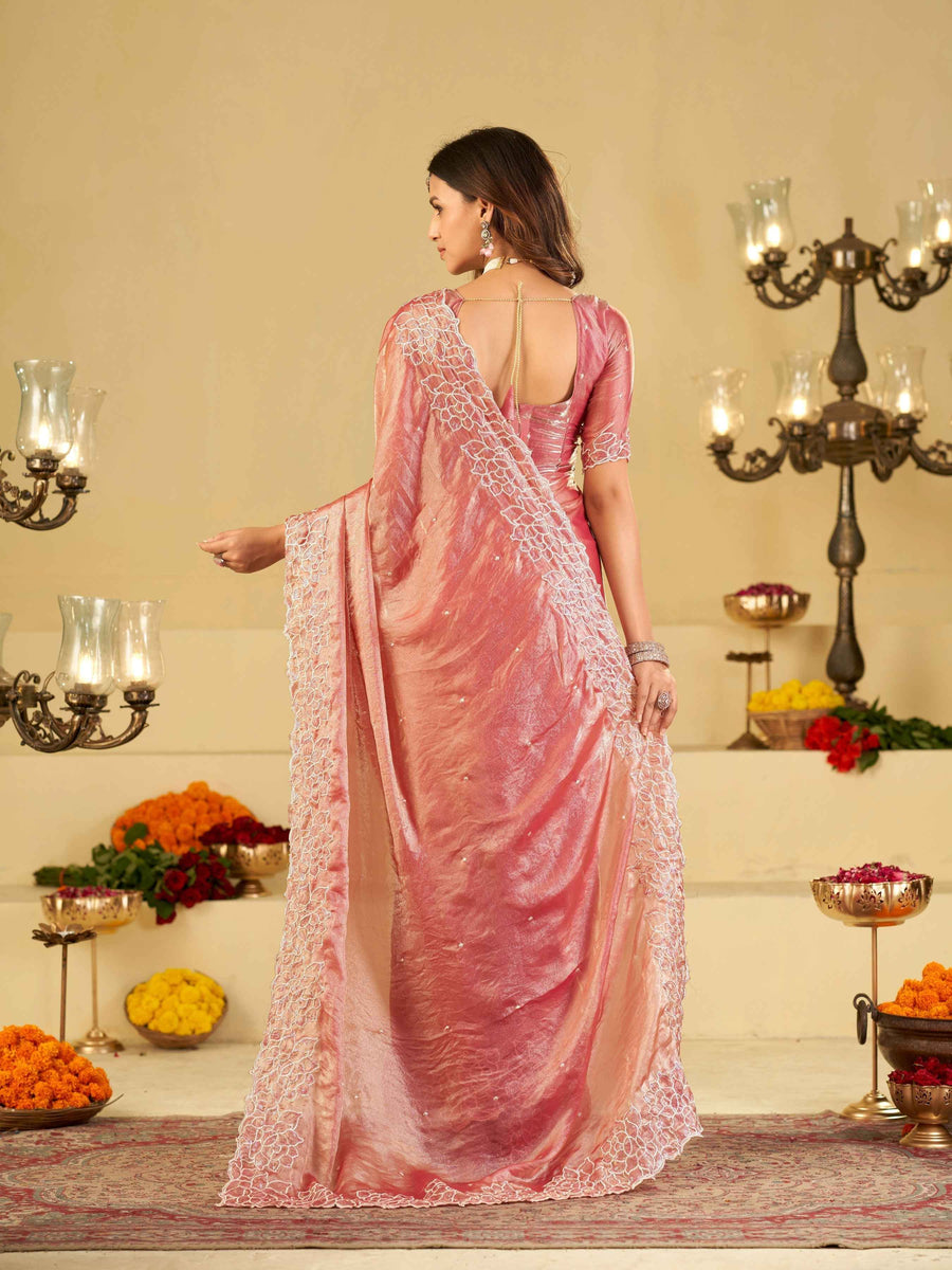 Blush Pink Fendy Satin Saree with White Floral Embroidery Border | Designer Party Wear Saree with Blouse