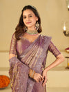 Lavender Designer Fendy Satin Saree with Heavy Embroidered Border | Premium Party Wear Embroidered Saree with Blouse