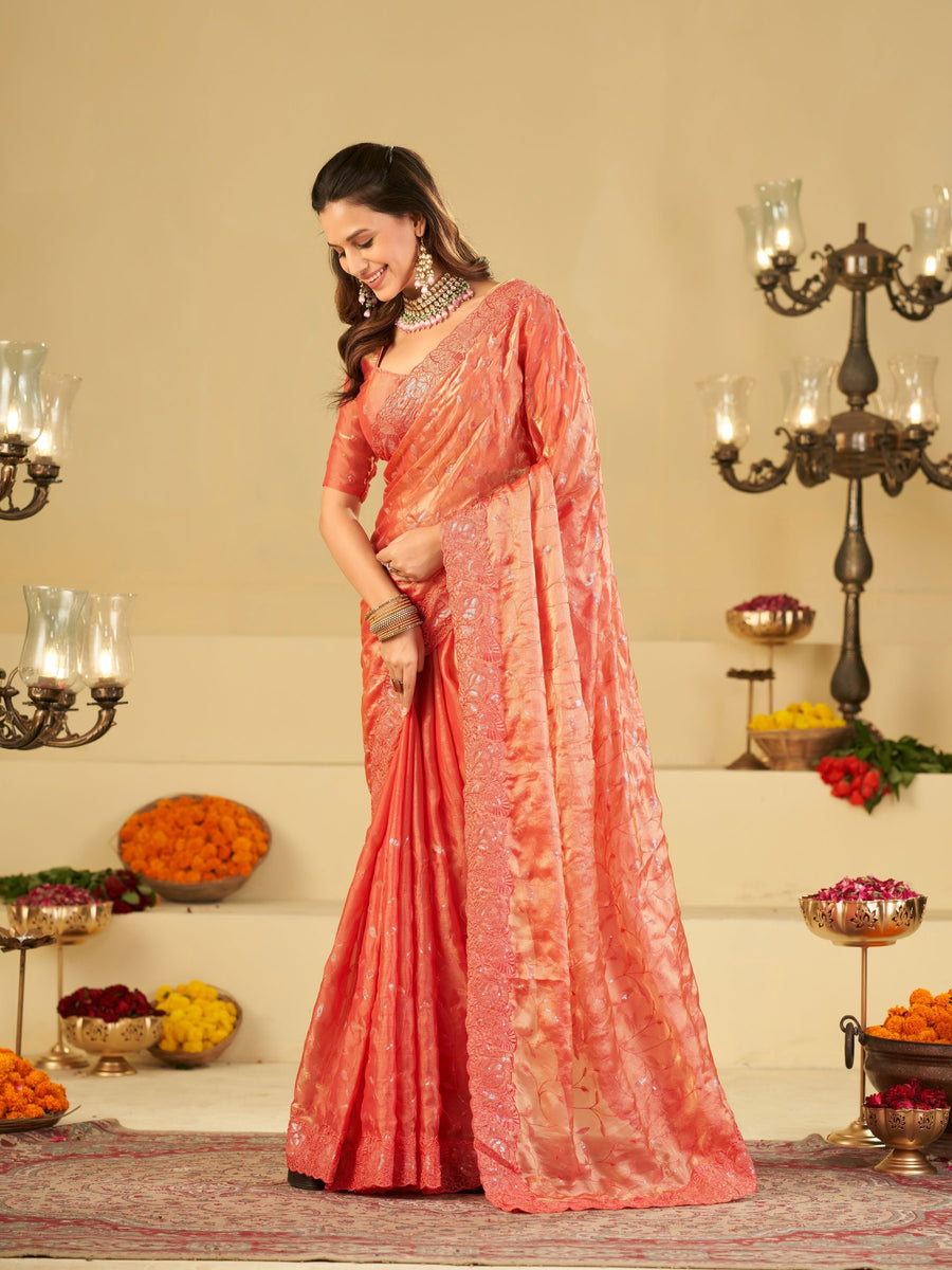 Peach Pink Designer Fendy Satin Saree with Heavy Embroidered Border | Premium Festive Party Wear Embroidered Saree with Blouse