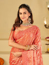 Peach Pink Designer Fendy Satin Saree with Heavy Embroidered Border | Premium Festive Party Wear Embroidered Saree with Blouse