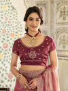 Dual Tone Rose Pink & Wine Fendy Satin Embroidered Saree with Floral Motifs & Zari Border | Designer Festive Saree with Tassels & Heavy Embroidered Blouse