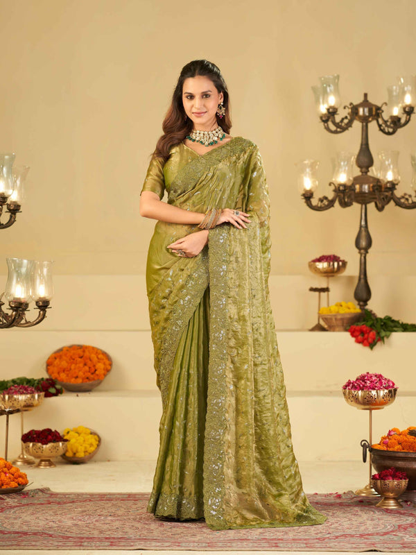 Olive Green Designer Fendy Satin Saree with Heavy Embroidered Border | Premium Festive Party Wear Saree with Blouse