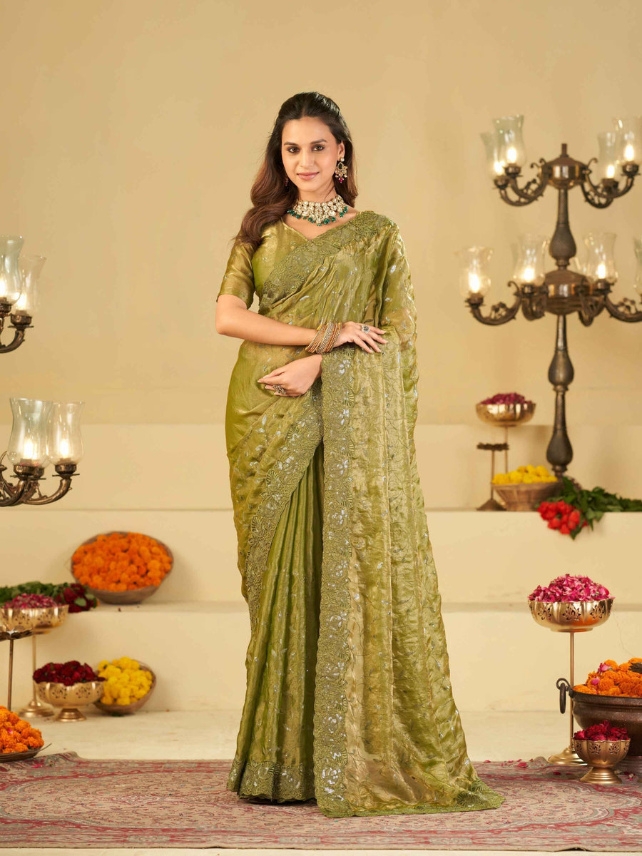 Olive Green Designer Fendy Satin Saree with Heavy Embroidered Border | Premium Festive Party Wear Saree with Blouse
