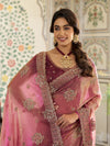 Dual Tone Rose Pink & Wine Fendy Satin Embroidered Saree with Floral Motifs & Zari Border | Designer Festive Saree with Tassels & Heavy Embroidered Blouse
