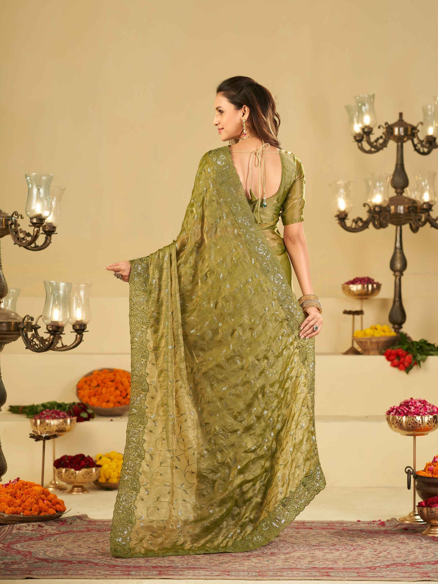 Olive Green Designer Fendy Satin Saree with Heavy Embroidered Border | Premium Festive Party Wear Saree with Blouse