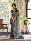 Deep Teal Green Fendy Satin Embroidered Saree with Floral Motifs & Rich Zari Border | Designer Party Wear Saree with Tassels & Heavy Embroidered Blouse