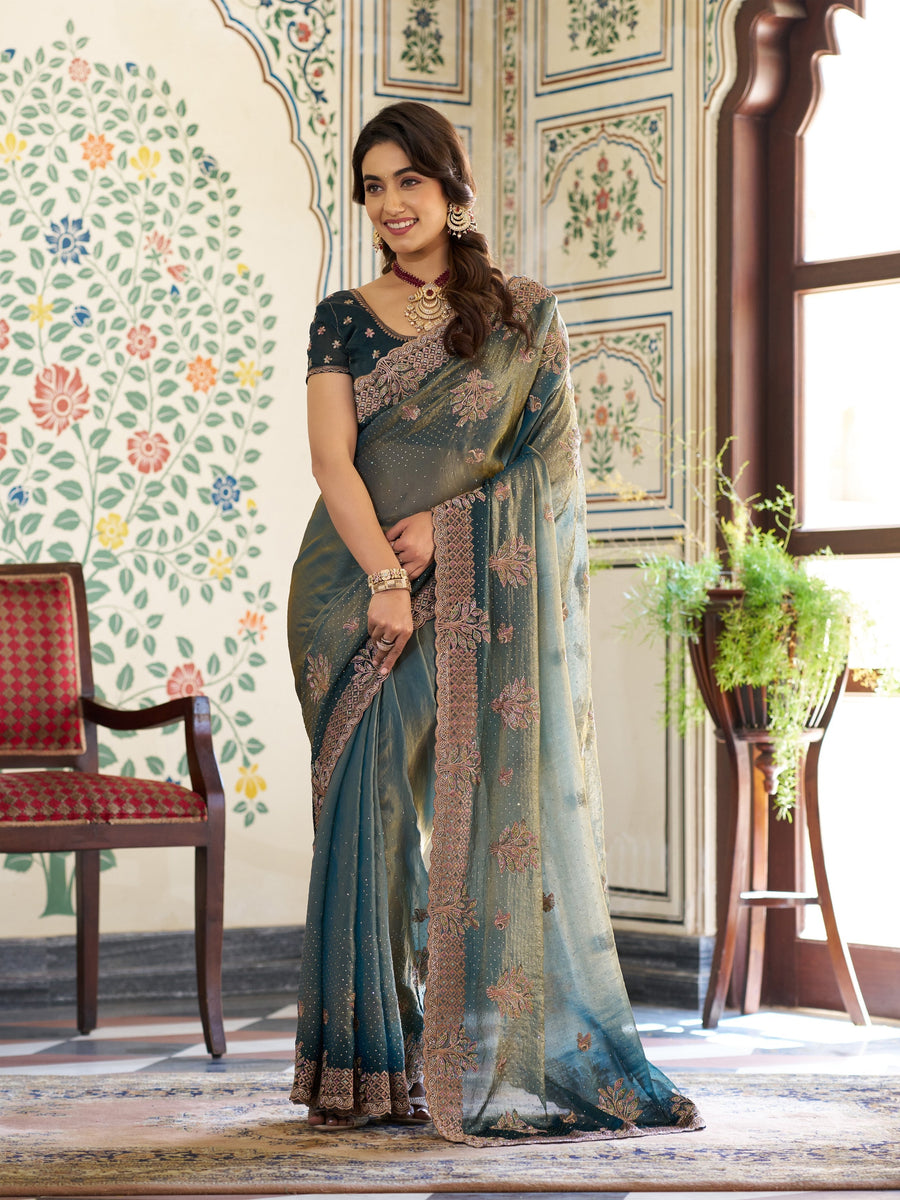 Deep Teal Green Fendy Satin Embroidered Saree with Floral Motifs & Rich Zari Border | Designer Party Wear Saree with Tassels & Heavy Embroidered Blouse