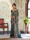 Deep Teal Green Fendy Satin Embroidered Saree with Floral Motifs & Rich Zari Border | Designer Party Wear Saree with Tassels & Heavy Embroidered Blouse