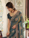 Deep Teal Green Fendy Satin Embroidered Saree with Floral Motifs & Rich Zari Border | Designer Party Wear Saree with Tassels & Heavy Embroidered Blouse