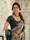 Deep Teal Green Fendy Satin Embroidered Saree with Floral Motifs & Rich Zari Border | Designer Party Wear Saree with Tassels & Heavy Embroidered Blouse