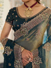 Deep Teal Green Fendy Satin Embroidered Saree with Floral Motifs & Rich Zari Border | Designer Party Wear Saree with Tassels & Heavy Embroidered Blouse