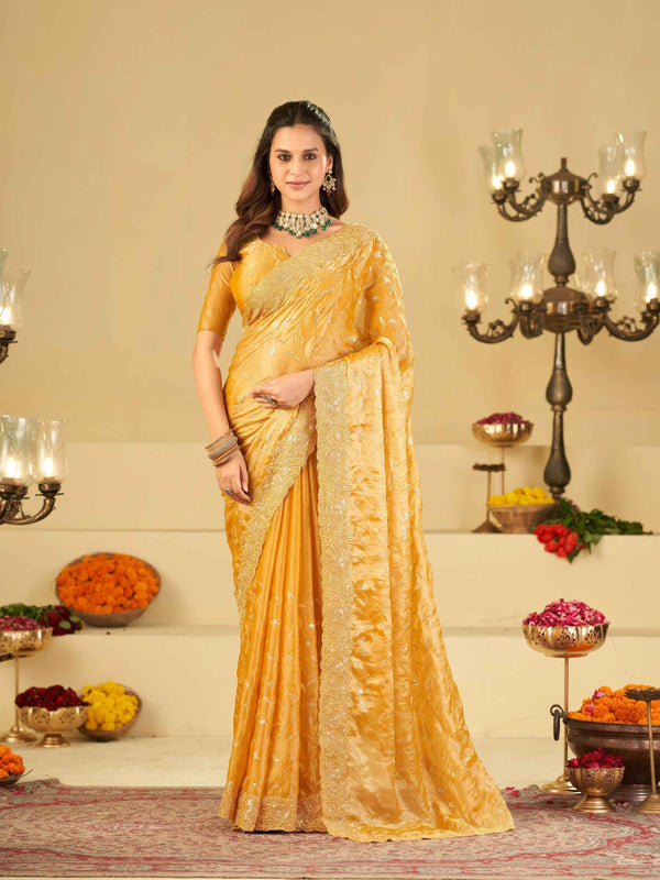 Mustard Yellow Designer Fendy Satin Saree with Heavy Embroidered Border | Premium Festive Party Wear Saree with Blouse