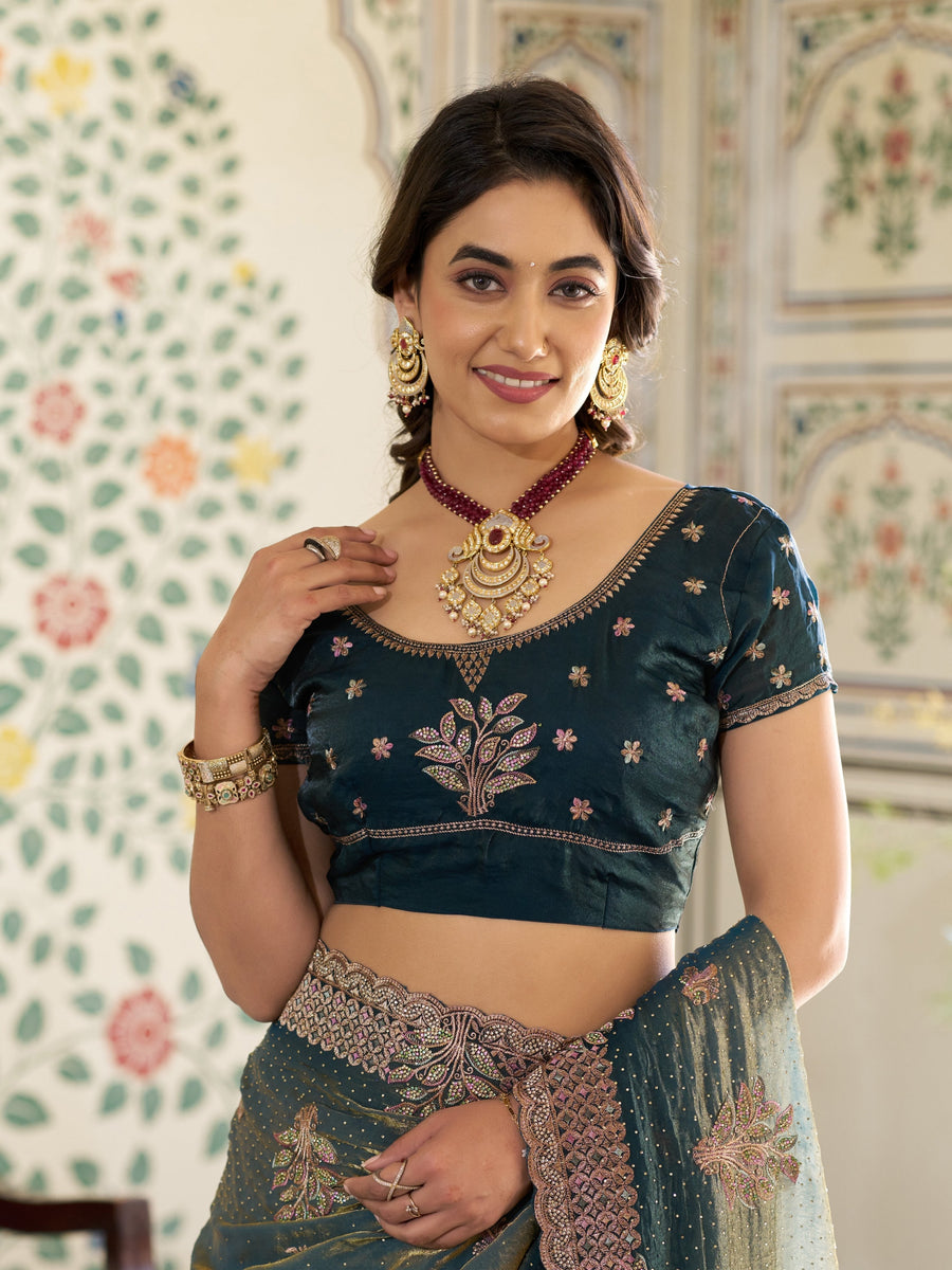 Deep Teal Green Fendy Satin Embroidered Saree with Floral Motifs & Rich Zari Border | Designer Party Wear Saree with Tassels & Heavy Embroidered Blouse