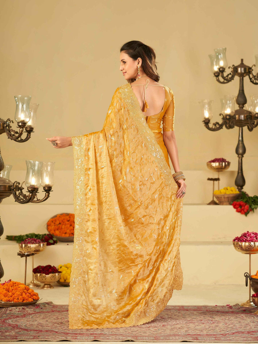 Mustard Yellow Designer Fendy Satin Saree with Heavy Embroidered Border | Premium Festive Party Wear Saree with Blouse